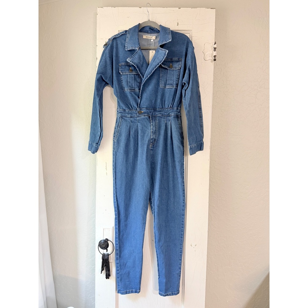 Mebon by Machine Jeans Women Medium Wash Denim Utility Jumpsuit Size M New